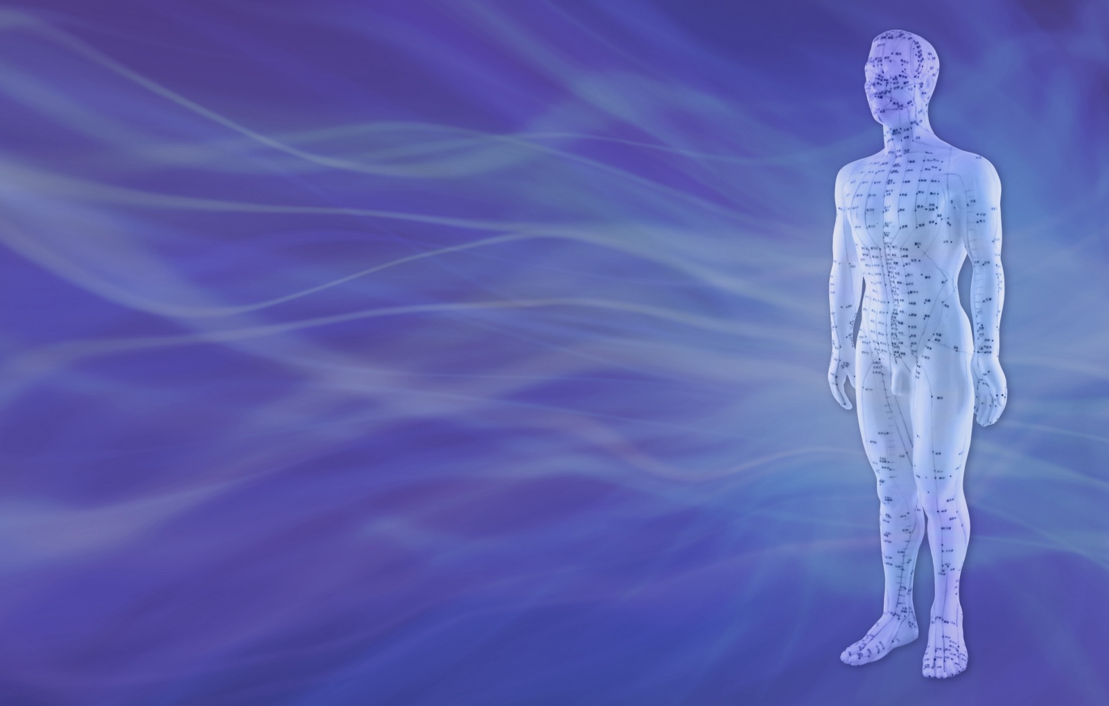 full frontal demo doll showing meridians and points on right side against a blue flowing energy background ideal for a powerpoint presentation, advert, course, award or diploma