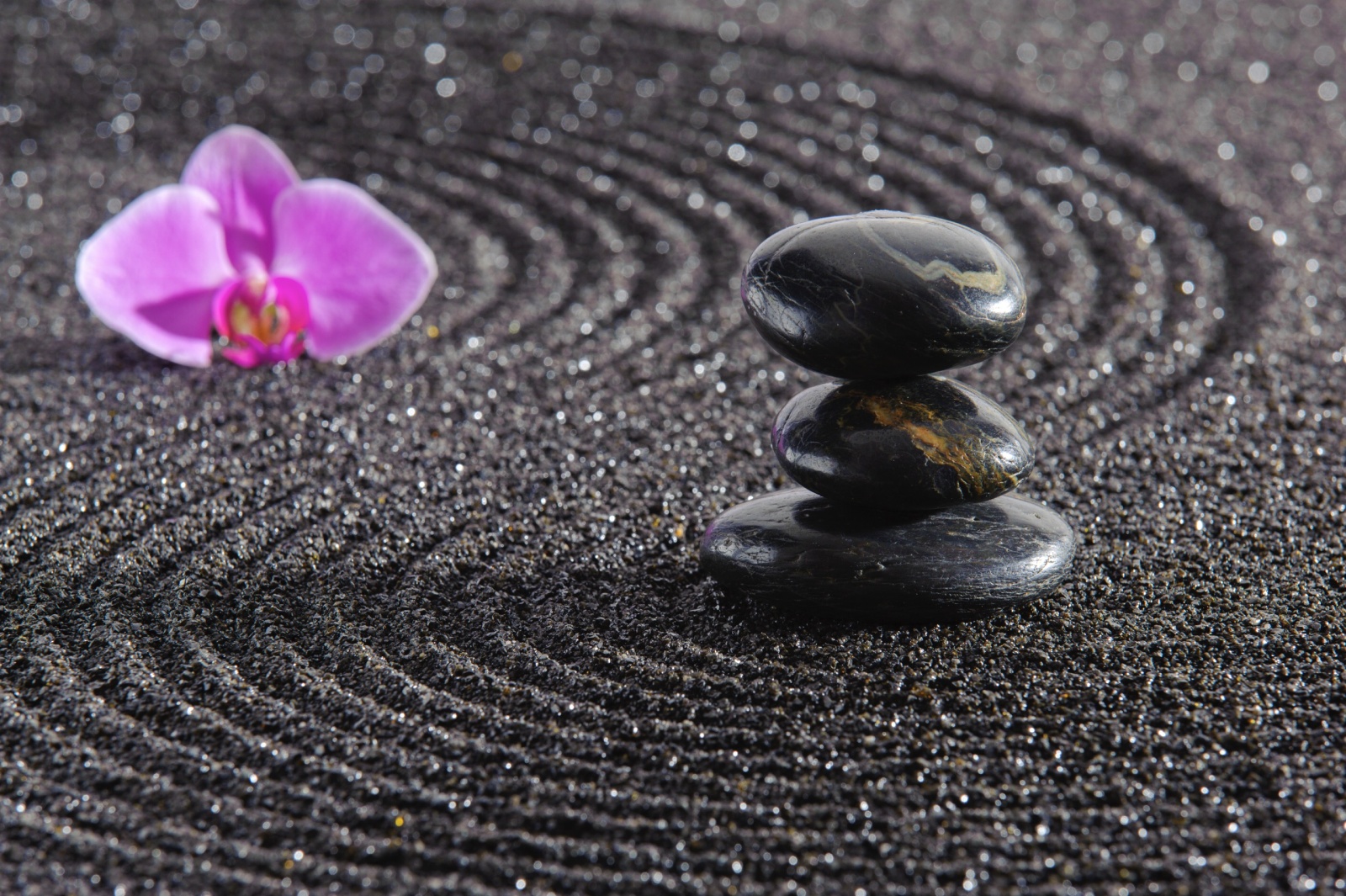 Japanese zen garden with stone in textured sand