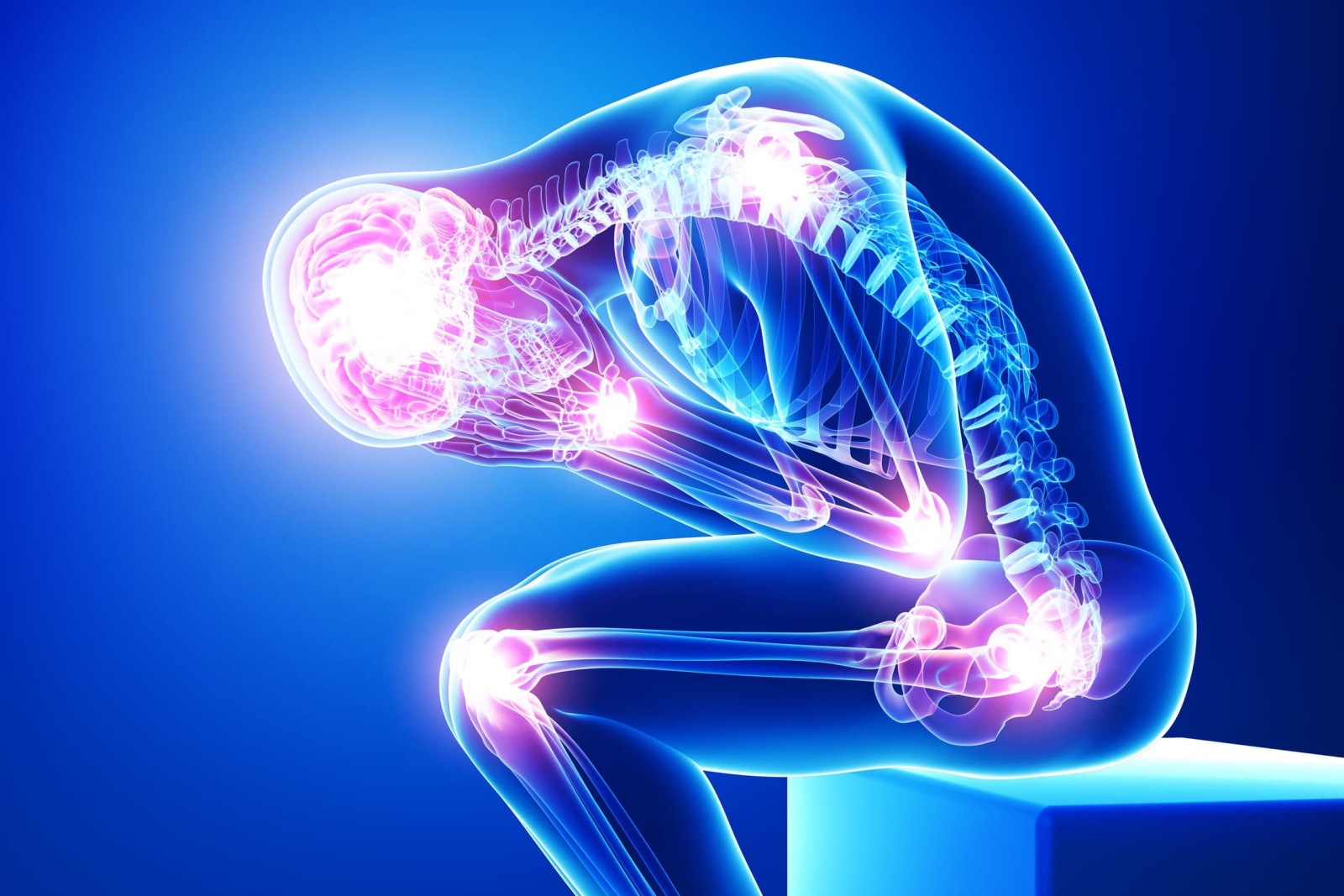 Digital image of a person experiencing head and joint pain